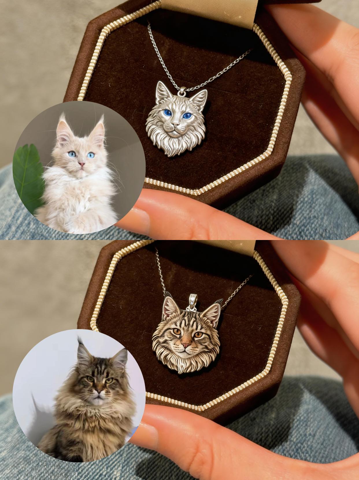 Two real custom cat portrait pendants shown beside their original pet photos