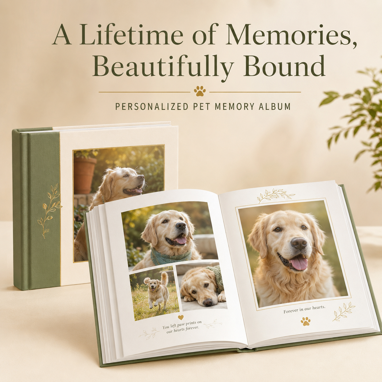 Personalized pet memory album with a premium English cover and open photo spreads
